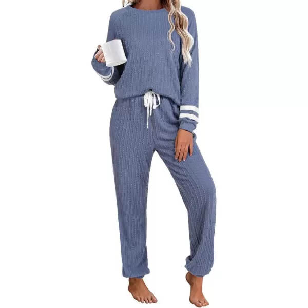 Ekouaer Lounge Sets for Women Ribbed Knit Outfits Pajamas Sets 2 Piece Long Sleeve Sweatsuits with PocketsGrey Blue