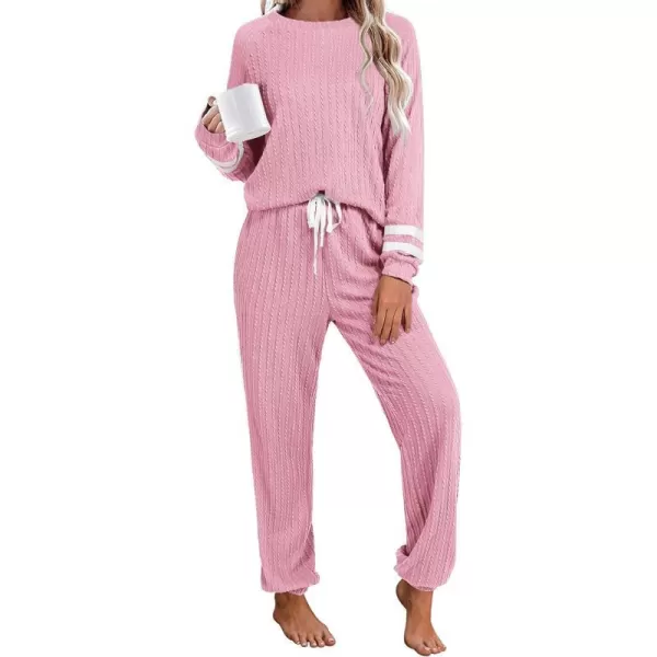 Ekouaer Lounge Sets for Women Ribbed Knit Outfits Pajamas Sets 2 Piece Long Sleeve Sweatsuits with PocketsPink