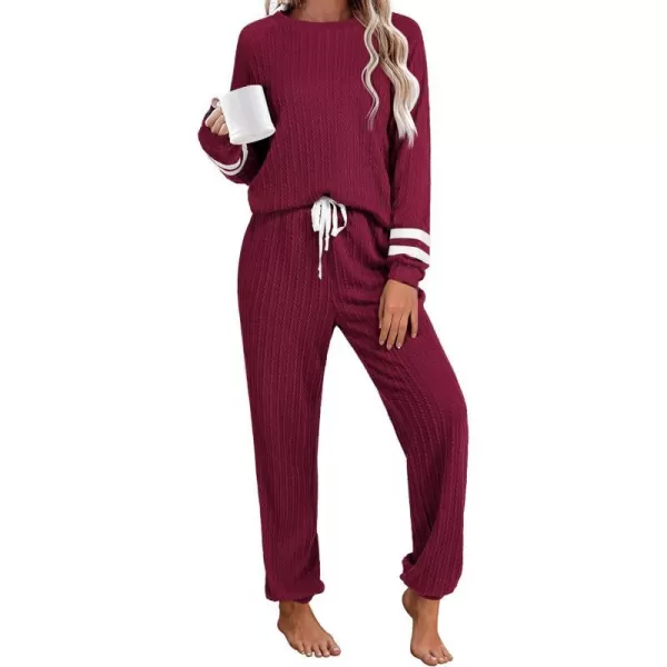 Ekouaer Lounge Sets for Women Ribbed Knit Outfits Pajamas Sets 2 Piece Long Sleeve Sweatsuits with PocketsWine Red