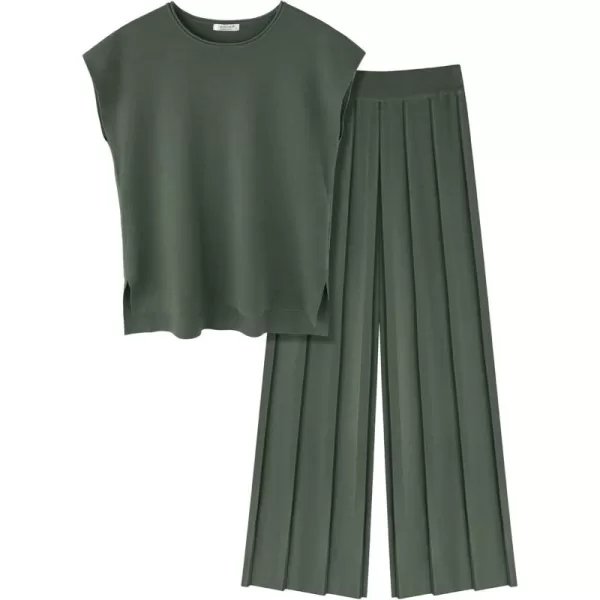 Ekouaer Lounge Sets for Women Two Piece Outfits Knit Cap Sleeve Tops Wide Leg Pleated Pants Casual Dressy Sweater SetsDark Green