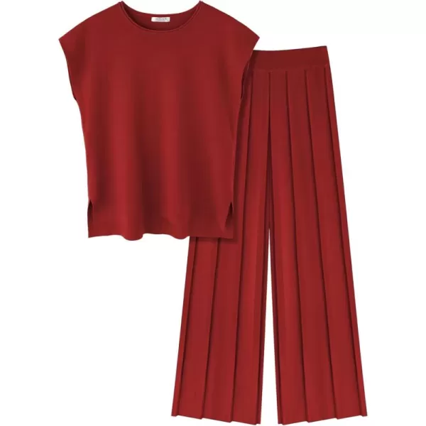 Ekouaer Lounge Sets for Women Two Piece Outfits Knit Cap Sleeve Tops Wide Leg Pleated Pants Casual Dressy Sweater SetsDark Red