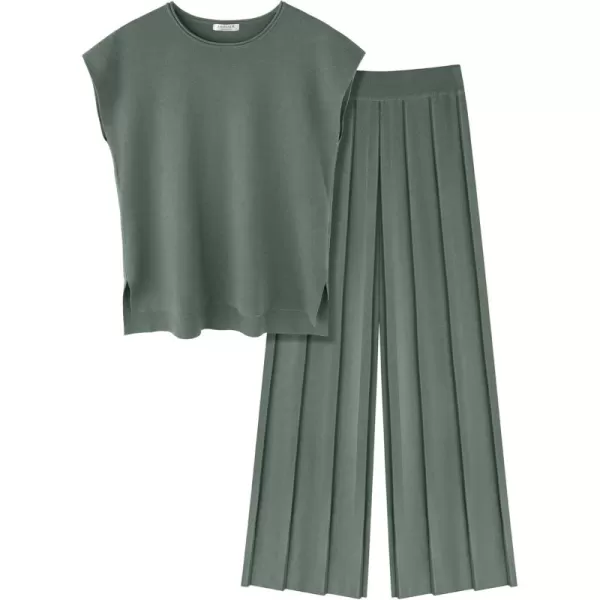 Ekouaer Lounge Sets for Women Two Piece Outfits Knit Cap Sleeve Tops Wide Leg Pleated Pants Casual Dressy Sweater SetsGray Green