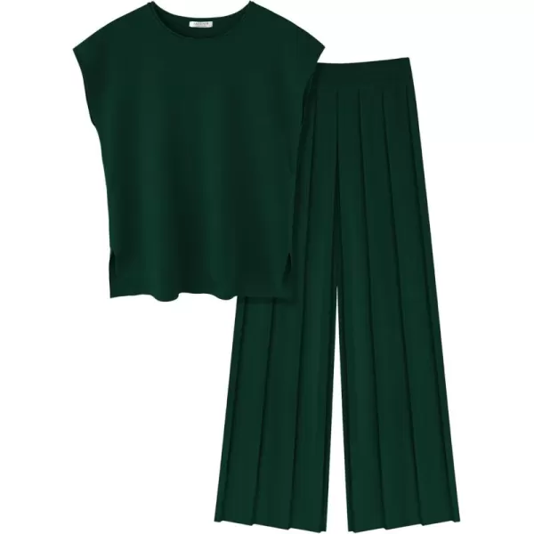 Ekouaer Lounge Sets for Women Two Piece Outfits Knit Cap Sleeve Tops Wide Leg Pleated Pants Casual Dressy Sweater SetsGreen