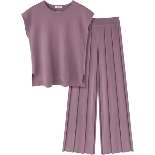 Ekouaer Lounge Sets for Women Two Piece Outfits Knit Cap Sleeve Tops Wide Leg Pleated Pants Casual Dressy Sweater SetsPurple