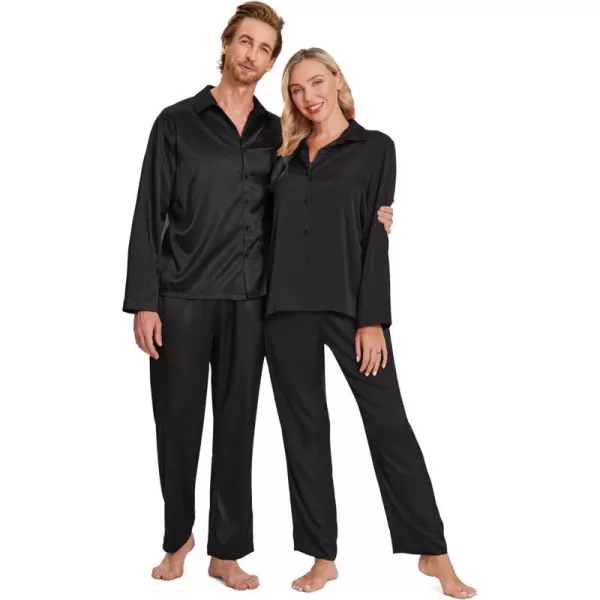 Ekouaer Matching Couples Pajamas Classic Long Sleeve Couple Sleepwear Silk Satin Soft Button Down Loungewear Pjs Set SXXLMen Black