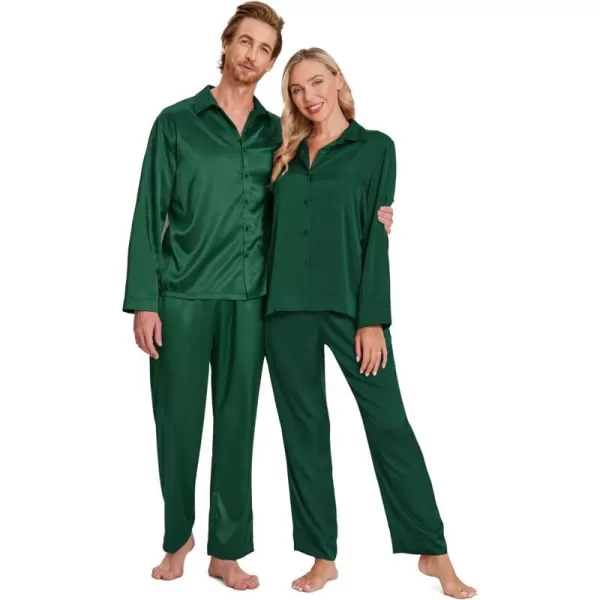 Ekouaer Matching Couples Pajamas Classic Long Sleeve Couple Sleepwear Silk Satin Soft Button Down Loungewear Pjs Set SXXLMen Green