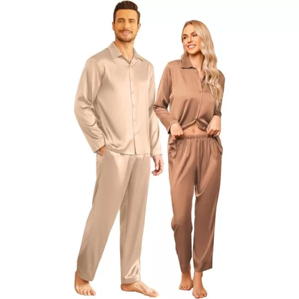 Ekouaer Matching Couples Pajamas Classic Long Sleeve Couple Sleepwear Silk Satin Soft Button Down Loungewear Pjs Set SXXLMen Light Khaki