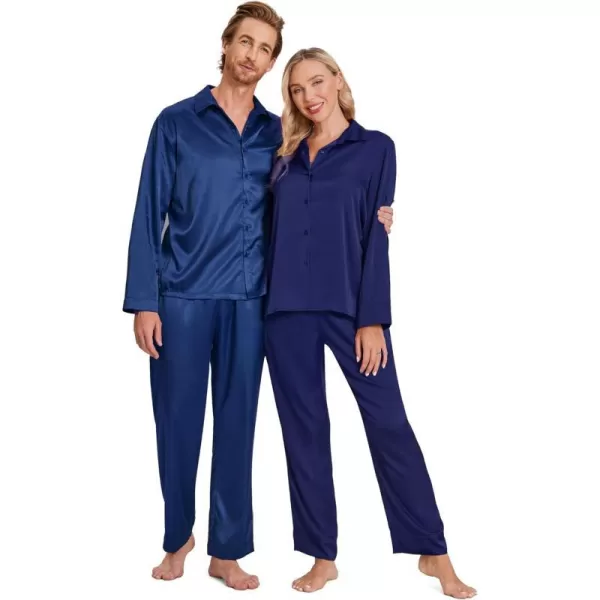 Ekouaer Matching Couples Pajamas Classic Long Sleeve Couple Sleepwear Silk Satin Soft Button Down Loungewear Pjs Set SXXLMen Navy Blue