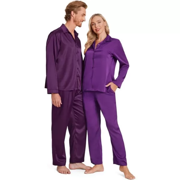 Ekouaer Matching Couples Pajamas Classic Long Sleeve Couple Sleepwear Silk Satin Soft Button Down Loungewear Pjs Set SXXLMen Purple