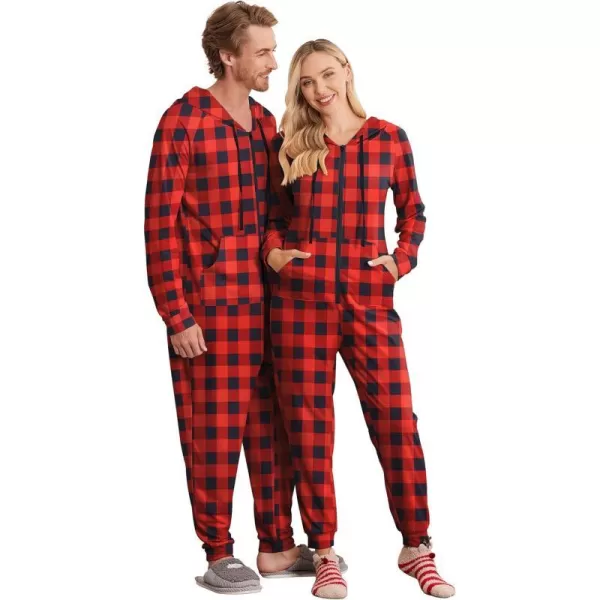 Ekouaer Matching Onesies for Couples Zipper Hooded Christmas Adult Onesie Pajamas with Pockets SXXLMen Aredampblack Plaid