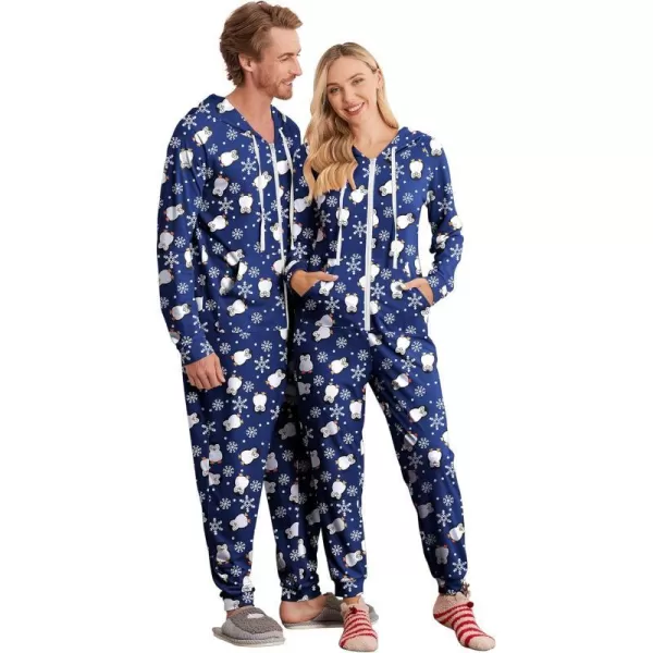 Ekouaer Matching Onesies for Couples Zipper Hooded Christmas Adult Onesie Pajamas with Pockets SXXLMen Blue Penguin