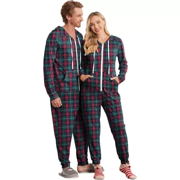 Ekouaer Matching Onesies for Couples Zipper Hooded Christmas Adult Onesie Pajamas with Pockets SXXLMen Cgreen Plaid