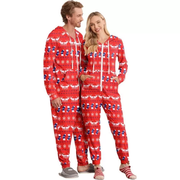 Ekouaer Matching Onesies for Couples Zipper Hooded Christmas Adult Onesie Pajamas with Pockets SXXLMen Elkampsnowflake