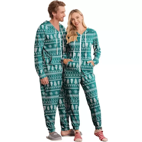 Ekouaer Matching Onesies for Couples Zipper Hooded Christmas Adult Onesie Pajamas with Pockets SXXLMen Green Christmas Tree