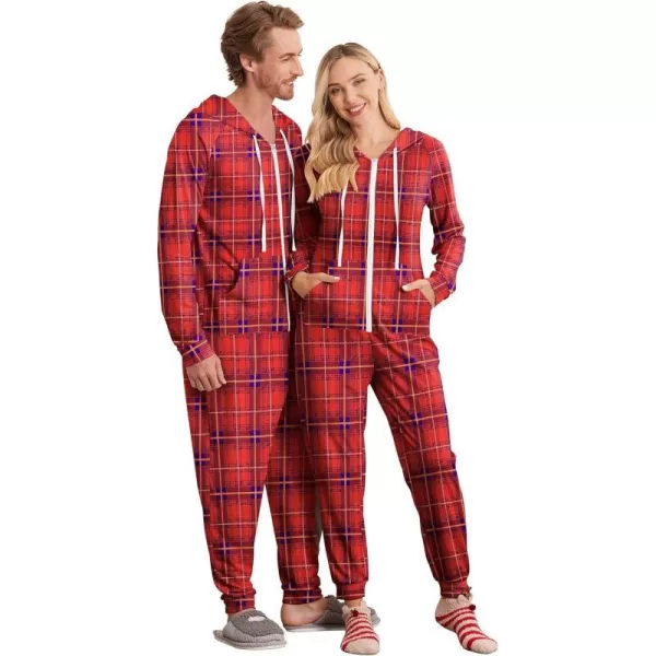 Ekouaer Matching Onesies for Couples Zipper Hooded Christmas Adult Onesie Pajamas with Pockets SXXLMen Red Plaid