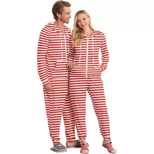 Ekouaer Matching Onesies for Couples Zipper Hooded Christmas Adult Onesie Pajamas with Pockets SXXLMen Redwhite Stripes