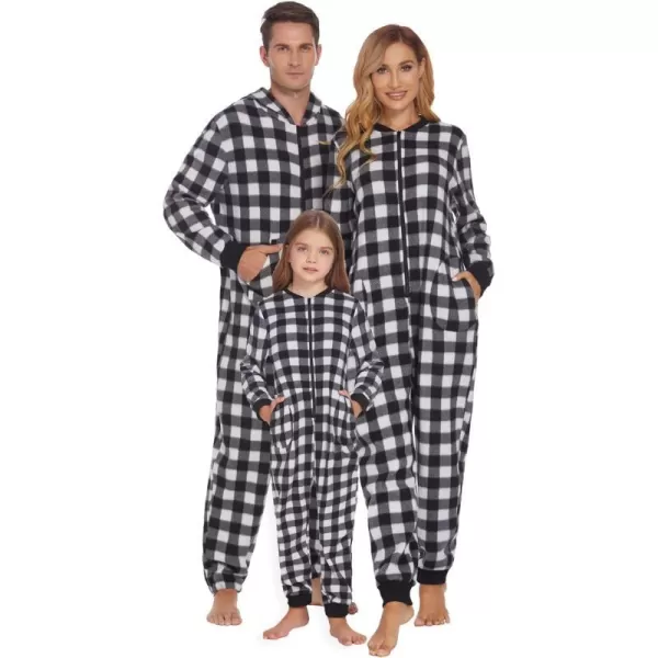 Ekouaer Matching Pajamas Set for Family Fleece Onesie Christmas Sleepwear Zipper Jumpsuit with PocketsKids Black Plaid Onesie