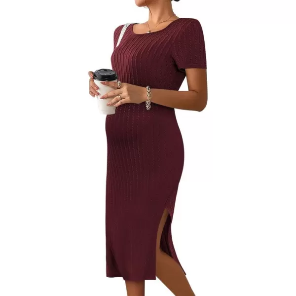 Ekouaer Maternity Dress Rib Knit Short Sleeve Bodycon Dresses Casual Stretchy Pregnancy Clothes SXXLWine Red