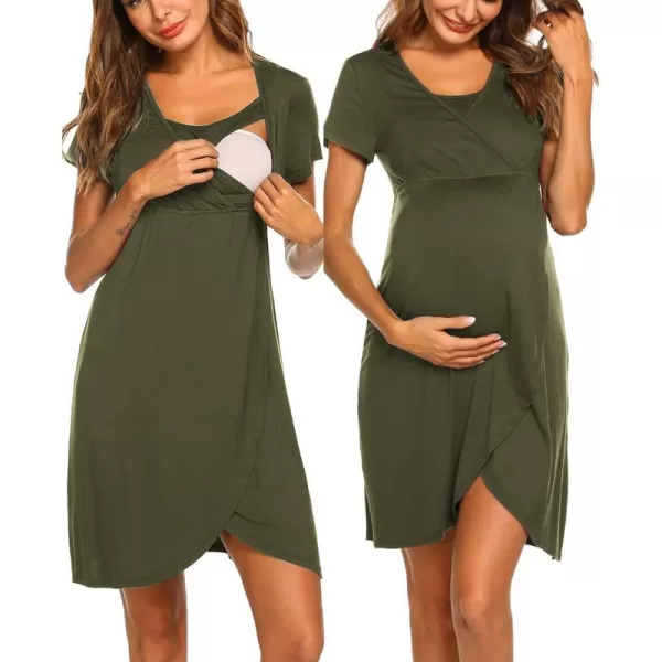 Ekouaer Maternity Nightgown Short Sleeve Nursing Dress Breastfeeding Sleepwear for WomenAolive Green