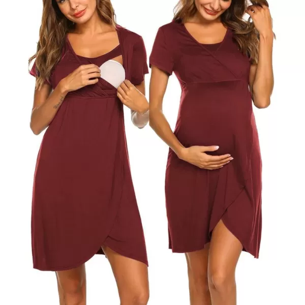 Ekouaer Maternity Nightgown Short Sleeve Nursing Dress Breastfeeding Sleepwear for WomenAwine Red