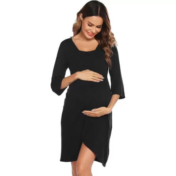 Ekouaer Maternity Nightgown Short Sleeve Nursing Dress Breastfeeding Sleepwear for WomenBlack