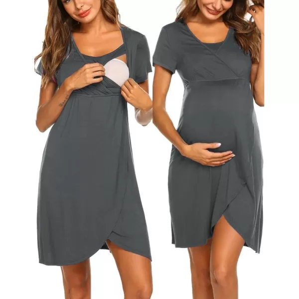 Ekouaer Maternity Nightgown Short Sleeve Nursing Dress Breastfeeding Sleepwear for WomenEcharcoal Grey