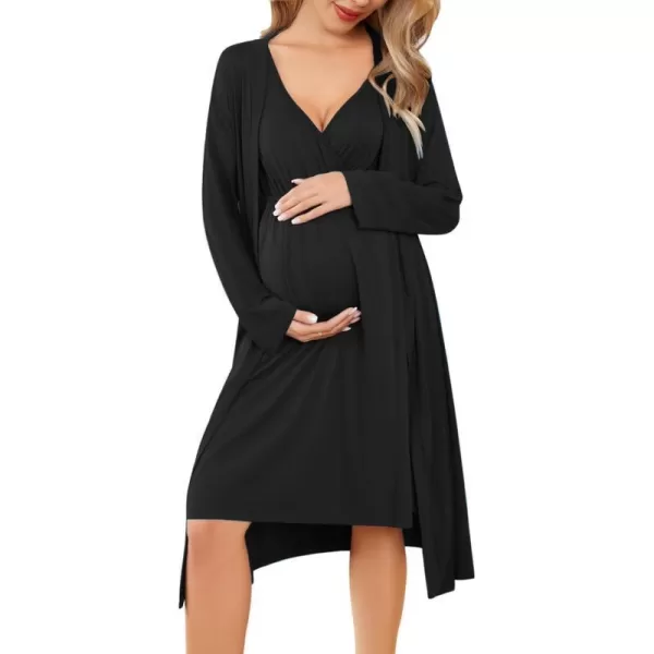 Ekouaer Maternity Nursing Gown and Robe Set Labor Delivery Nursing Nightgown Pregnancy Clothes SXXLBlack