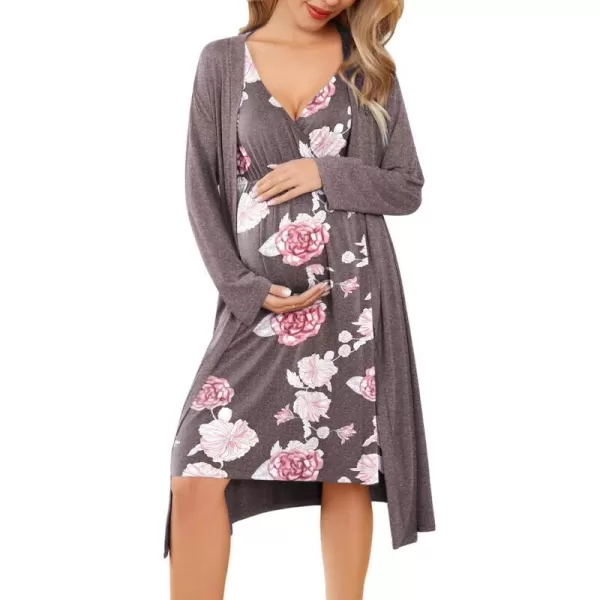 Ekouaer Maternity Nursing Gown and Robe Set Labor Delivery Nursing Nightgown Pregnancy Clothes SXXLDark Greyamppink Flower