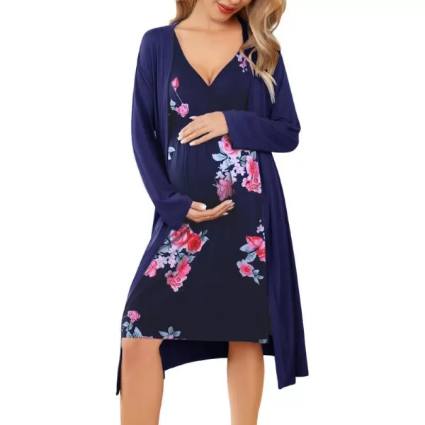 Ekouaer Maternity Nursing Gown and Robe Set Labor Delivery Nursing Nightgown Pregnancy Clothes SXXLNavy Blueamppink Flower