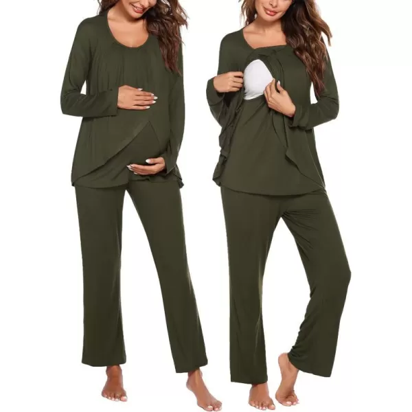 Ekouaer Maternity Nursing Pajama Set Long Sleeve Top amp Pants with Pockets Breastfeeding Sleepwear Double Layer PregnancyArmy Green