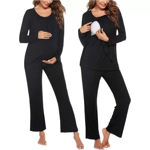 Ekouaer Maternity Nursing Pajama Set Long Sleeve Top amp Pants with Pockets Breastfeeding Sleepwear Double Layer PregnancyBlack