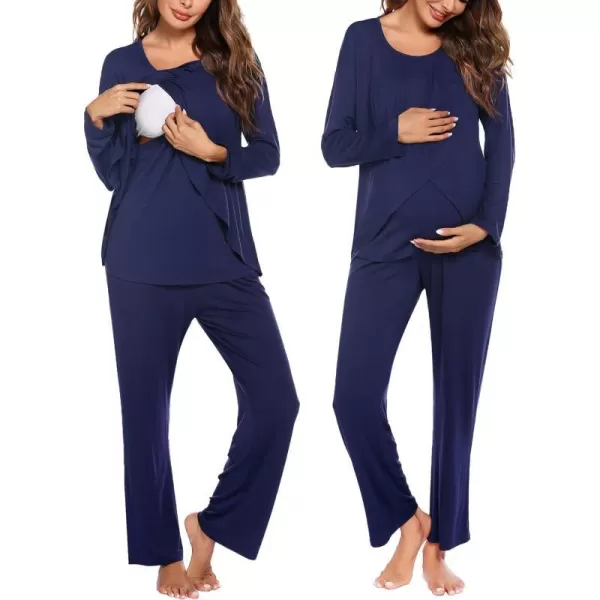 Ekouaer Maternity Nursing Pajama Set Long Sleeve Top amp Pants with Pockets Breastfeeding Sleepwear Double Layer PregnancyBlue