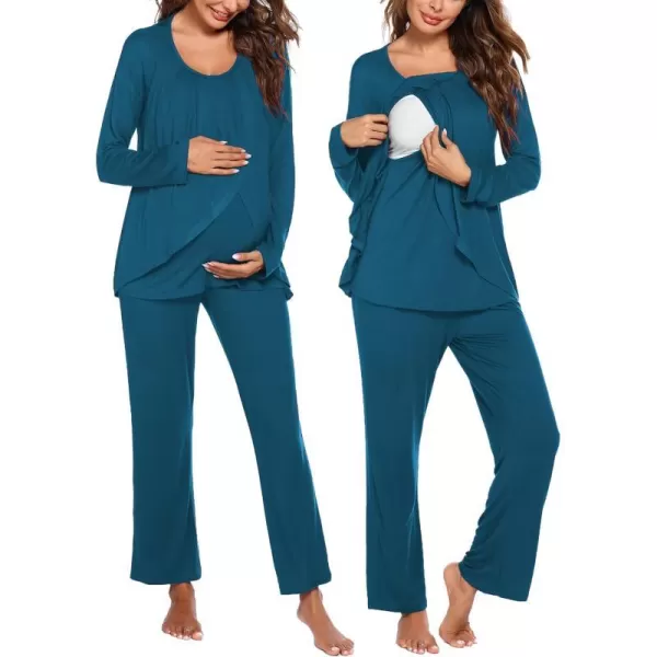 Ekouaer Maternity Nursing Pajama Set Long Sleeve Top amp Pants with Pockets Breastfeeding Sleepwear Double Layer PregnancyBlue Green