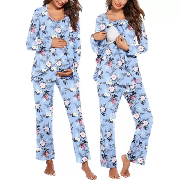 Ekouaer Maternity Nursing Pajama Set Long Sleeve Top amp Pants with Pockets Breastfeeding Sleepwear Double Layer PregnancyFloral Blue