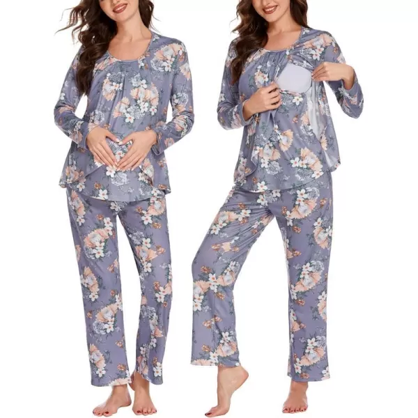 Ekouaer Maternity Nursing Pajama Set Long Sleeve Top amp Pants with Pockets Breastfeeding Sleepwear Double Layer PregnancyFloral Purple