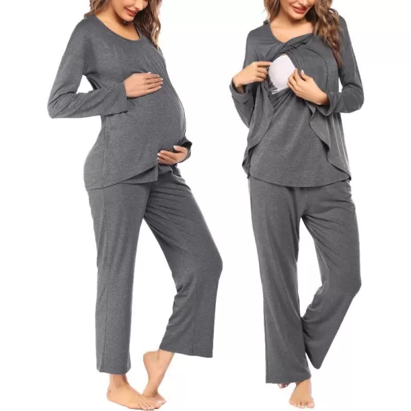 Ekouaer Maternity Nursing Pajama Set Long Sleeve Top amp Pants with Pockets Breastfeeding Sleepwear Double Layer PregnancyGrey