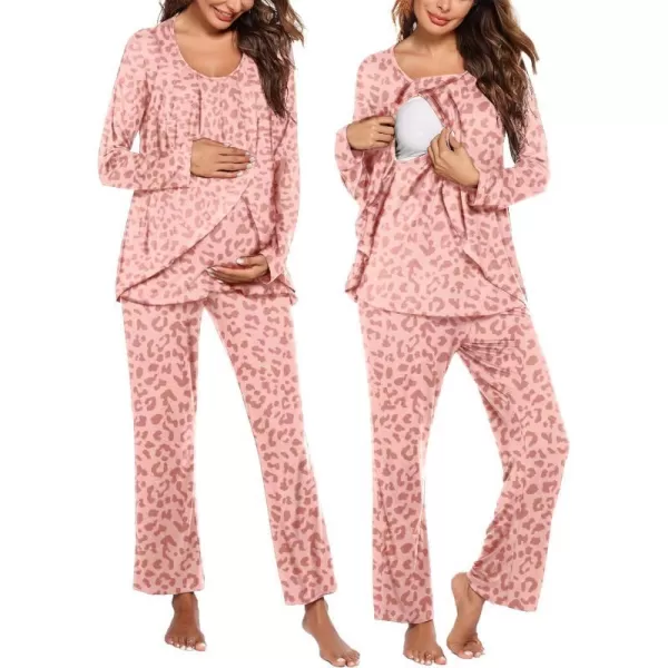 Ekouaer Maternity Nursing Pajama Set Long Sleeve Top amp Pants with Pockets Breastfeeding Sleepwear Double Layer PregnancyLeopard Pink