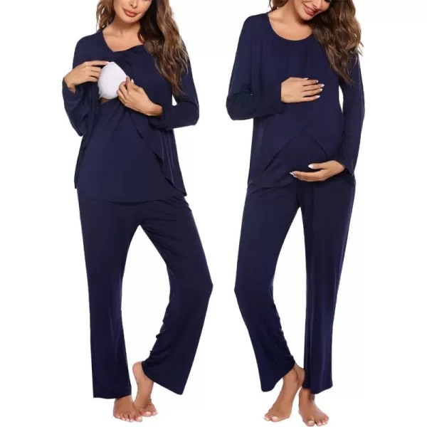 Ekouaer Maternity Nursing Pajama Set Long Sleeve Top amp Pants with Pockets Breastfeeding Sleepwear Double Layer PregnancyNavy Blue