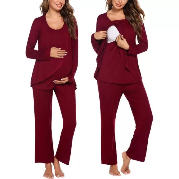 Ekouaer Maternity Nursing Pajama Set Long Sleeve Top amp Pants with Pockets Breastfeeding Sleepwear Double Layer PregnancyWine Red