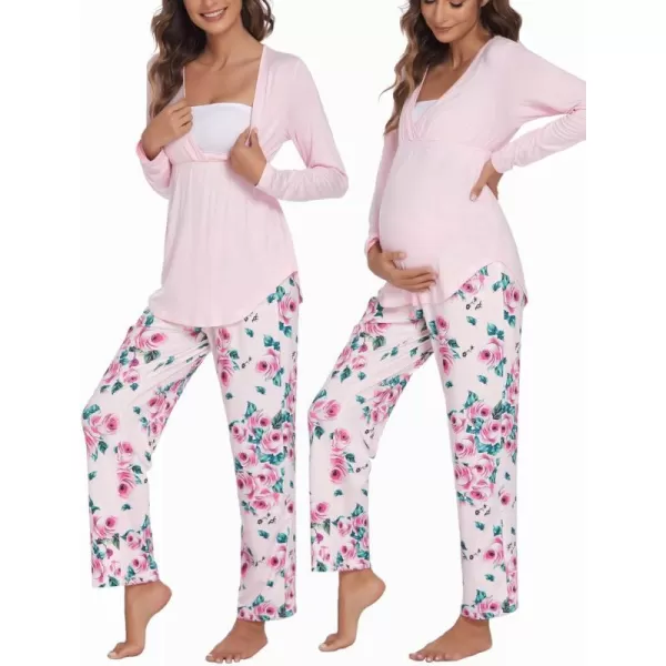 Ekouaer Maternity Nursing Pajama Set Long Sleeve V Neck Top amp Printed Pants Breastfeeding Sleepwear Set SXXLAfloral Pink