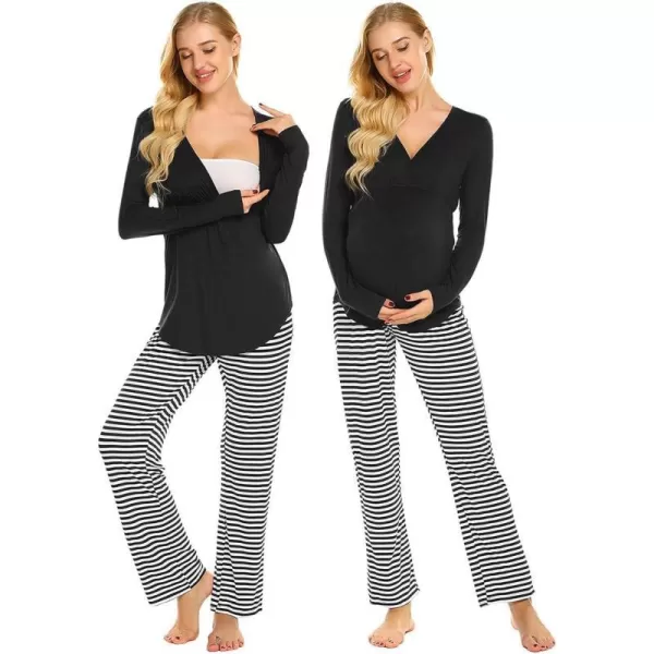 Ekouaer Maternity Nursing Pajama Set Long Sleeve V Neck Top amp Printed Pants Breastfeeding Sleepwear Set SXXLBlack