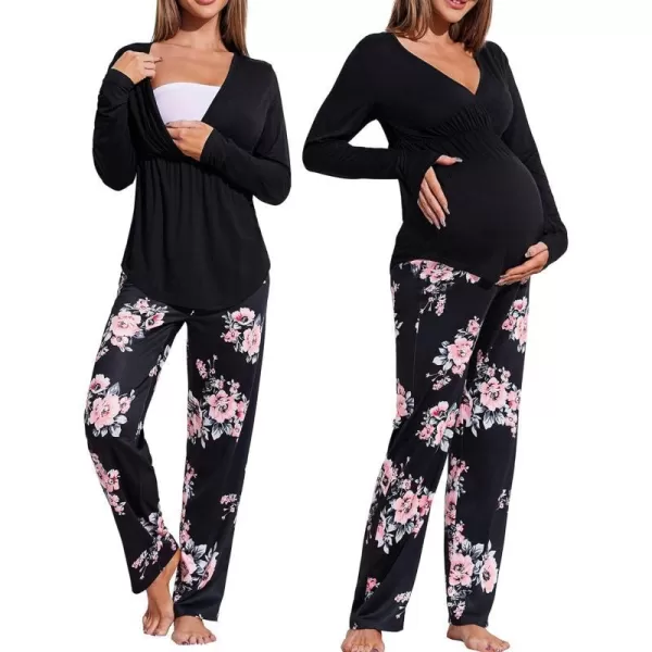 Ekouaer Maternity Nursing Pajama Set Long Sleeve V Neck Top amp Printed Pants Breastfeeding Sleepwear Set SXXLFloral Black