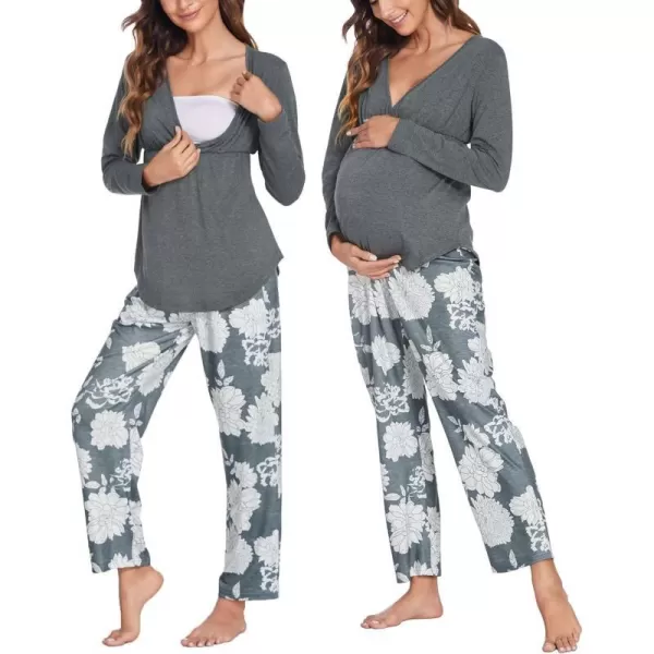 Ekouaer Maternity Nursing Pajama Set Long Sleeve V Neck Top amp Printed Pants Breastfeeding Sleepwear Set SXXLFloral Grey