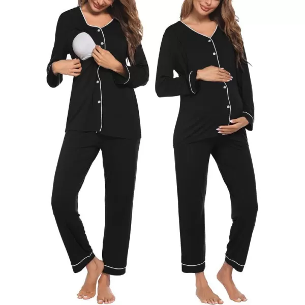 Ekouaer Maternity Pajama Set Button Down Nursing Sleepwear Long Sleeve Breastfeeding Loungewear with Adjustable Pants1black