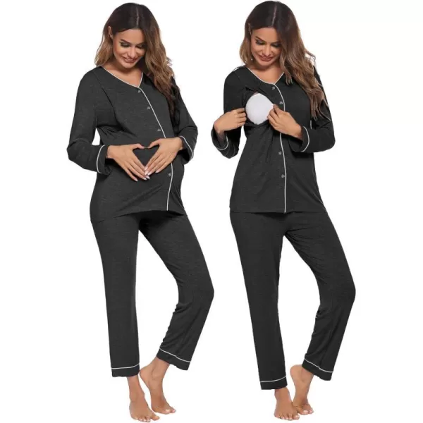 Ekouaer Maternity Pajama Set Button Down Nursing Sleepwear Long Sleeve Breastfeeding Loungewear with Adjustable PantsDeep Grey