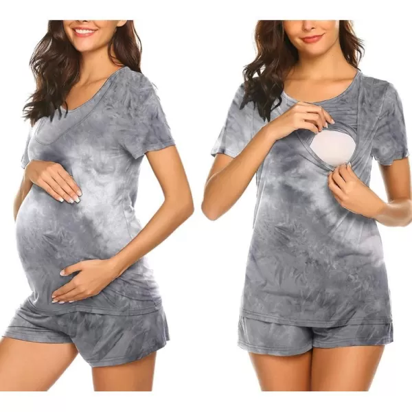 Ekouaer Maternity Pajamas Set LaborDeliveryNursing for Hospital Home Basic Nursing Shirt Adjustable Size Pregnancy ShortsAtie Dye 1