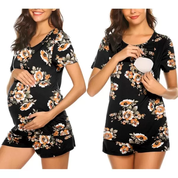 Ekouaer Maternity Pajamas Set LaborDeliveryNursing for Hospital Home Basic Nursing Shirt Adjustable Size Pregnancy ShortsFloral Black