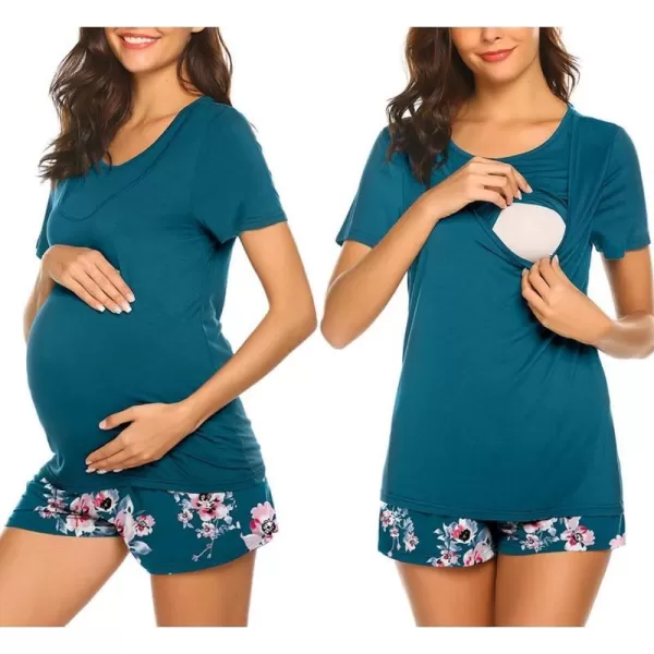 Ekouaer Maternity Pajamas Set LaborDeliveryNursing for Hospital Home Basic Nursing Shirt Adjustable Size Pregnancy ShortsFloral Teal