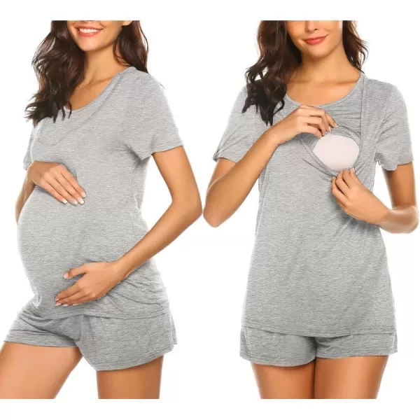 Ekouaer Maternity Pajamas Set LaborDeliveryNursing for Hospital Home Basic Nursing Shirt Adjustable Size Pregnancy ShortsLight Gray