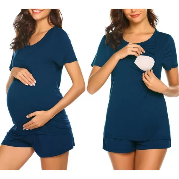 Ekouaer Maternity Pajamas Set LaborDeliveryNursing for Hospital Home Basic Nursing Shirt Adjustable Size Pregnancy ShortsPeacock Blue